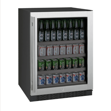 Allavino 24" Wide FlexCount II Tru-Vino Stainless Steel Right Hinge Beverage Center - front view with cans and bottles inside