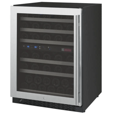 Allavino 24 Wide FlexCount II Tru Vino 56 Bottle Dual Zone Stainless Steel Left Hinge Wine Refrigerator - Front view of wine refrigerator