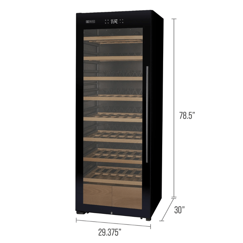 Allavino 29 Wide 248 Bottle Single Zone Black Glass Left Hinge Wine Refrigerator with Display Shelving - Dimensions of wine refrigerator