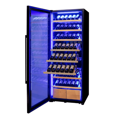 Allavino 29 Wide 248 Bottle Single Zone Black Glass Left Hinge Wine Refrigerator with Display Shelving - Open view of wine refrigerator