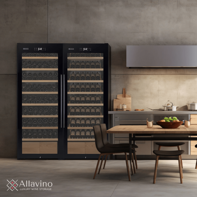 Allavino 29 Wide 248 Bottle Single Zone Black Glass Left Hinge Wine Refrigerator with Display Shelving - Perfect to put in the kitchen