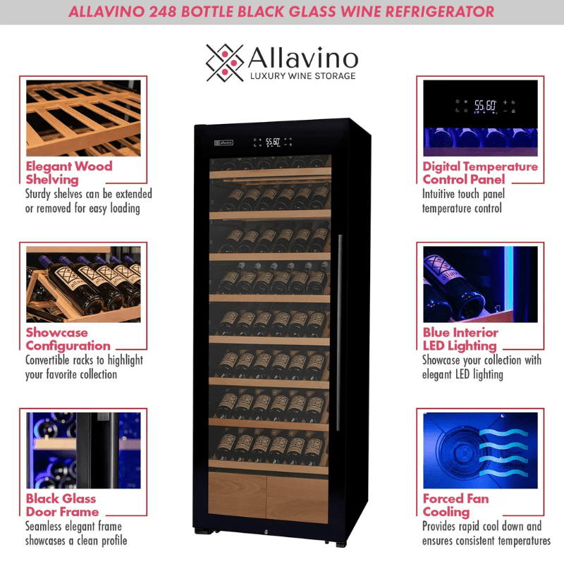 Allavino 29 Wide 248 Bottle Single Zone Black Glass Left Hinge Wine Refrigerator with Display Shelving - Description of wine refrigerator