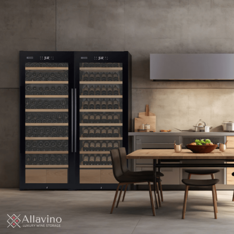 Allavino 29" Wide 248 Bottle Single Zone Black Glass Right Hinge Wine Refrigerator with Display Shelving - two wine fridges in a kitchen