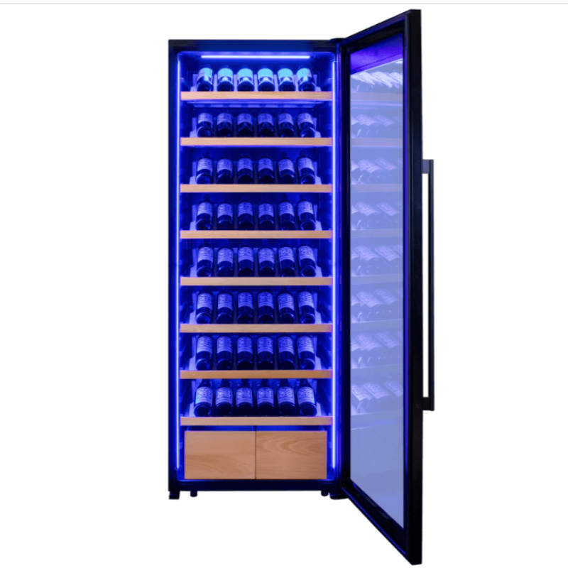 Allavino 29" Wide 248 Bottle Single Zone Black Glass Right Hinge Wine Refrigerator with Display Shelving - door open with blue led lighting