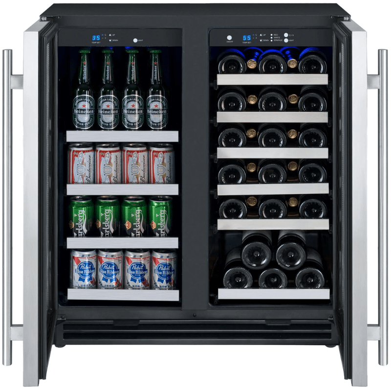 Allavino 30 Wide FlexCount II Tru-Vino 30 Bottle88 Can Dual Zone Stainless Steel Built-In Wine RefrigeratorBeverage Center - Dual door open view of wine refrigerator