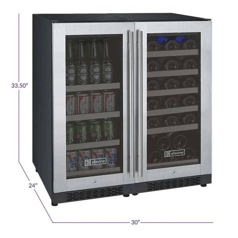 Allavino 30 Wide FlexCount II Tru-Vino 30 Bottle88 Can Dual Zone Stainless Steel Built-In Wine RefrigeratorBeverage Center - Dimensions of wine refrigerator