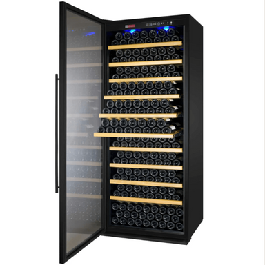 Allavino 32" Wide Vite II Tru-Vino 277 Bottle Single Zone Black Left Hinge Wine Refrigerator - front view with open door and wine on shelves