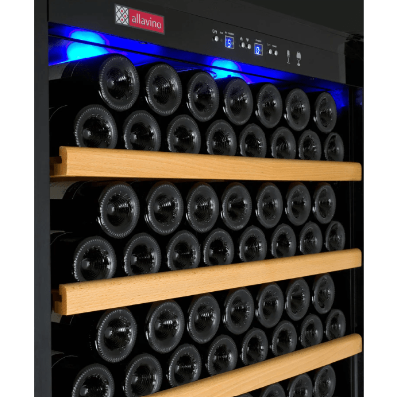 Allavino 32" Wide Vite II Tru-Vino 277 Bottle Single Zone Black Right Hinge Wine Refrigerator - inside of refrigerator with blue LED lighting