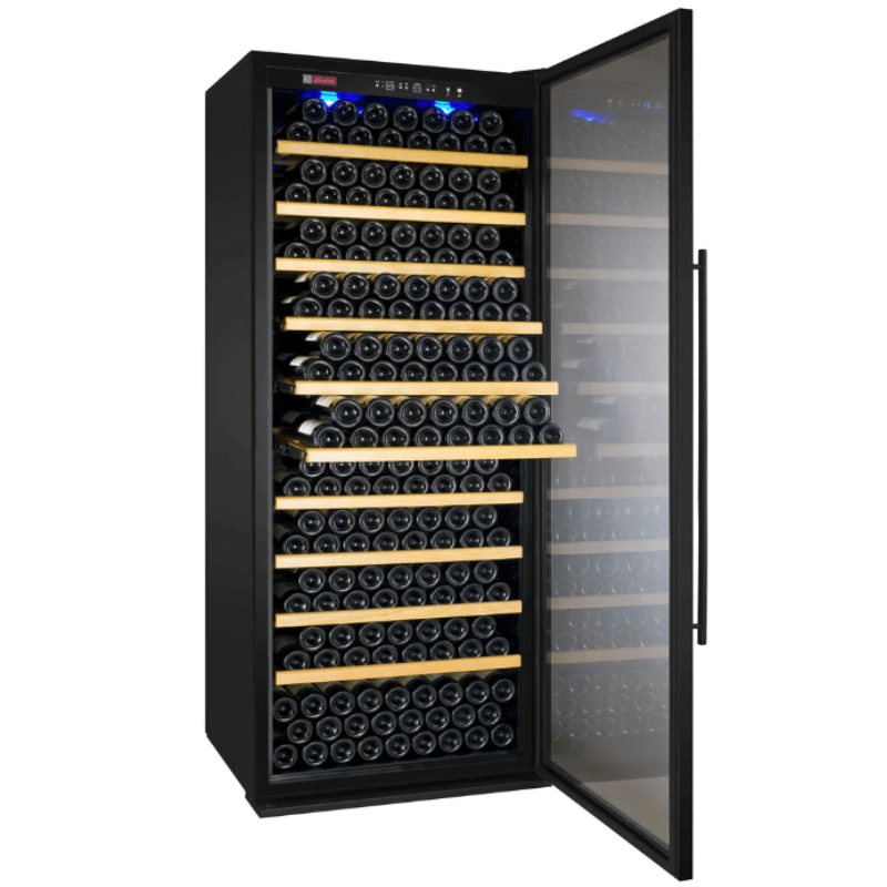 Allavino 32" Wide Vite II Tru-Vino 277 Bottle Single Zone Black Right Hinge Wine Refrigerator - front view with door open and wine bottles on shelves