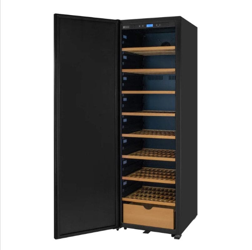 Allavino 76.5" Tall Single Zone Wine Vault with Solid Black Left Hinge Door - front view, door open