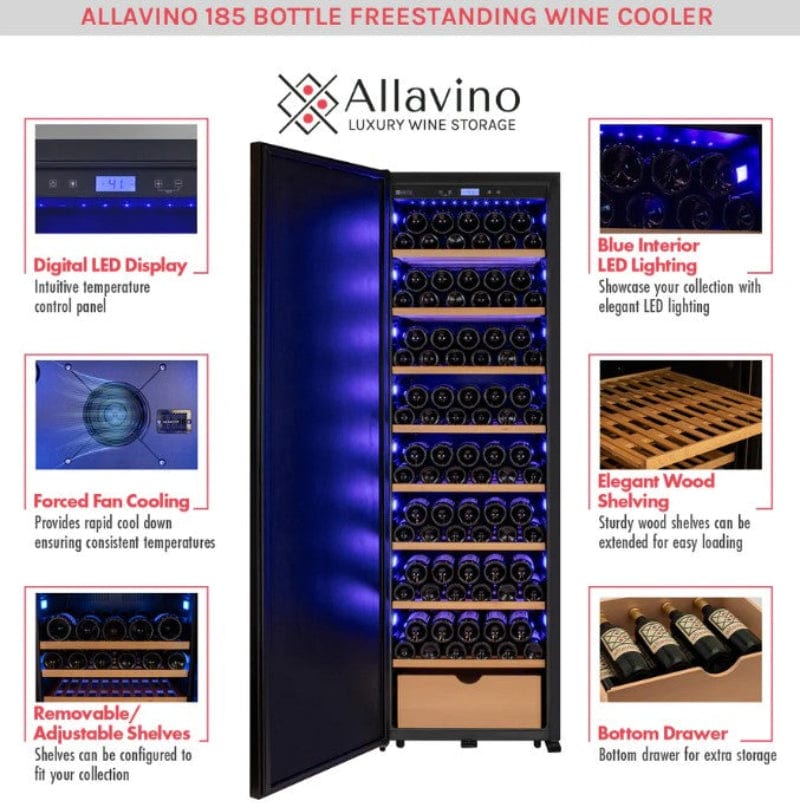 Allavino 76.5" Tall Single Zone Wine Vault with Solid Black Left Hinge Door - features