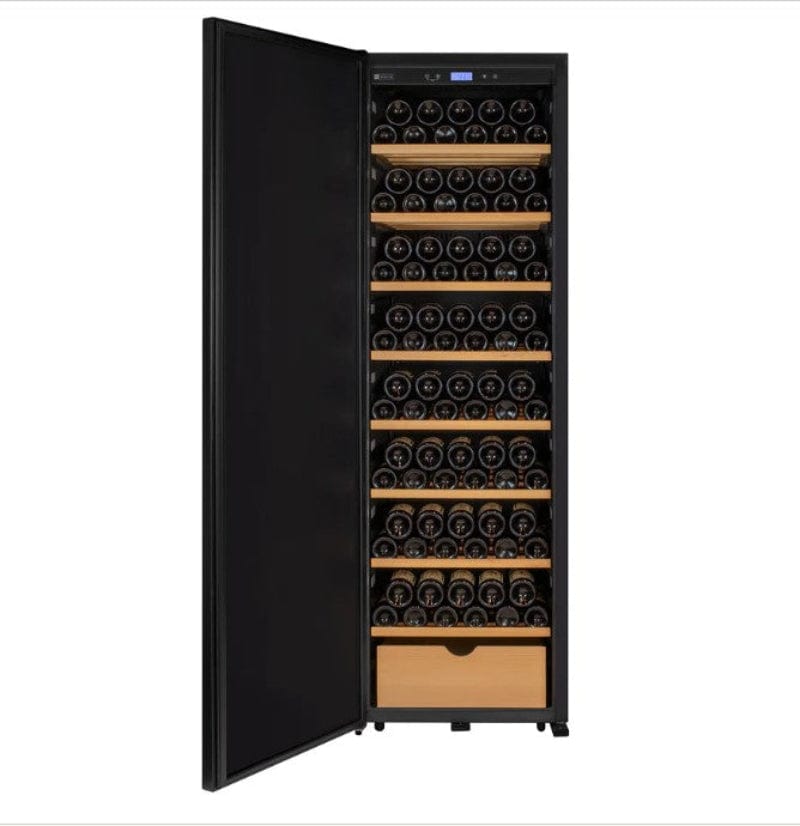 Allavino 76.5" Tall Single Zone Wine Vault with Solid Black Left Hinge Door - door open with wine bottles inside