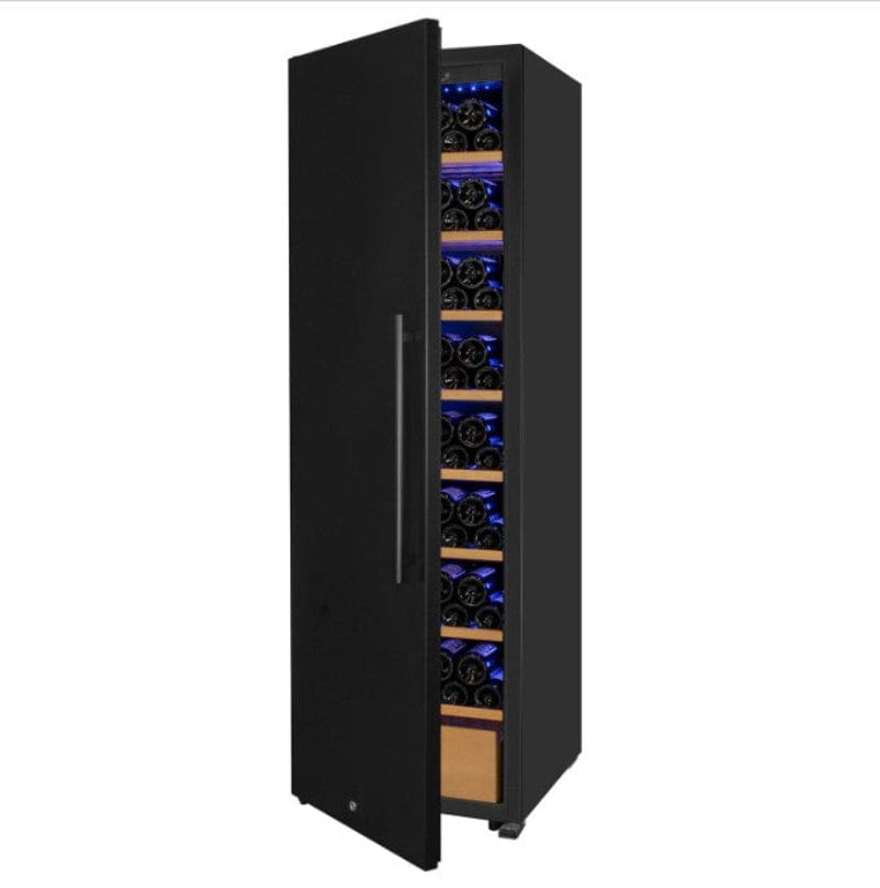 Allavino 76.5" Tall Single Zone Wine Vault with Solid Black Left Hinge Door - front view with door part open