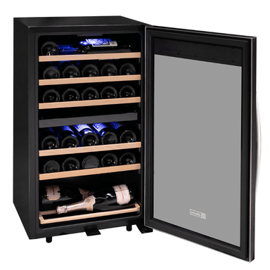 Allavino Cascina Series 28 Bottle Dual Zone Freestanding Wine Cooler Refrigerator with Stainless Steel Door - Open view of wine refrigerator