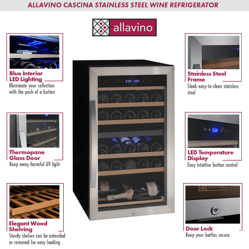 Allavino Cascina Series 28 Bottle Dual Zone Freestanding Wine Cooler Refrigerator with Stainless Steel Door - Description of wine refrigerator