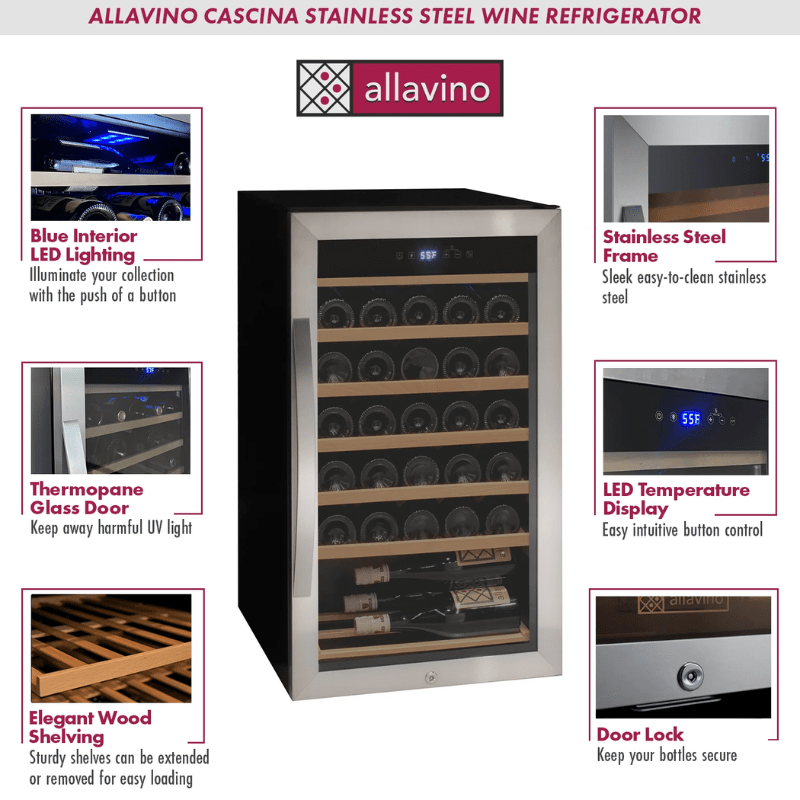 Allavino Cascina Series 33 Bottle Single Zone Freestanding Wine Refrigerator Cooler with Stainless Steel Door - Description of wine refrigerator