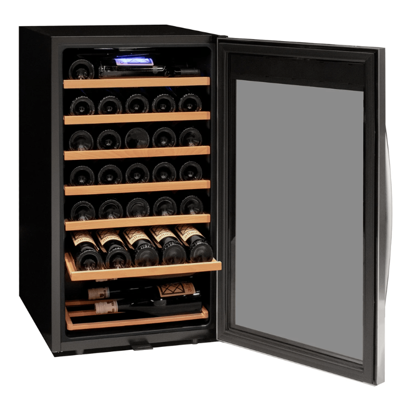 Allavino Cascina Series 33 Bottle Single Zone Freestanding Wine Refrigerator Cooler with Stainless Steel Door - Open view of wine refrigerator