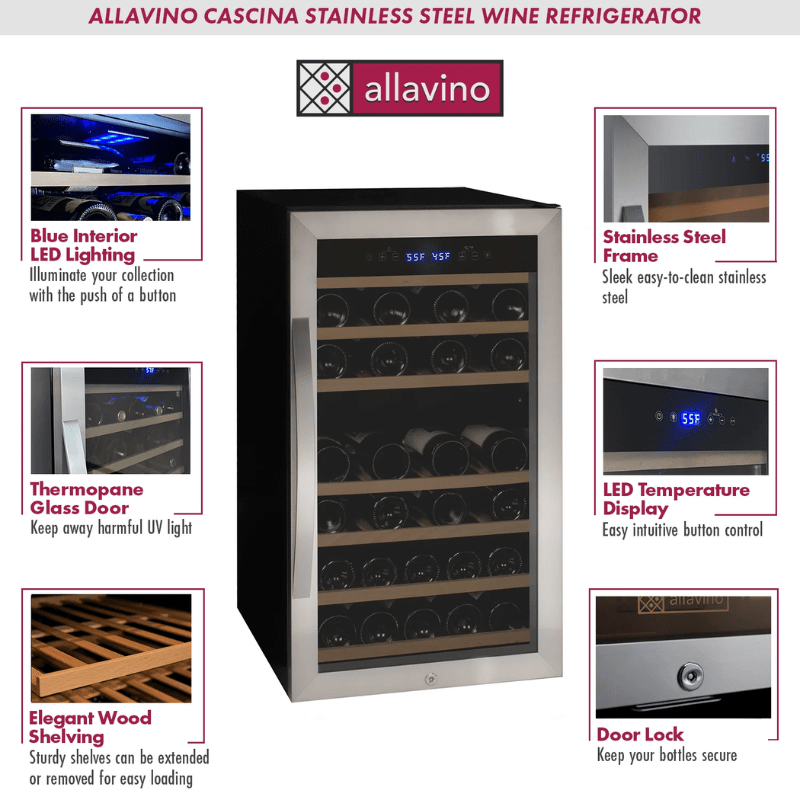 Allavino Cascina Series 43 Bottle Dual Zone Freestanding Wine Refrigerator Cooler with Stainless Steel Door - Description of wine refrigerator