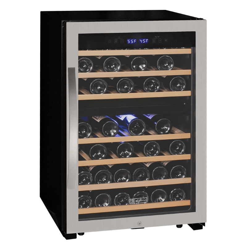 Allavino Cascina Series 47 Bottle Dual Zone Freestanding Wine Cooler Refrigerator with Stainless Steel Door - Front view of wine refrigerator