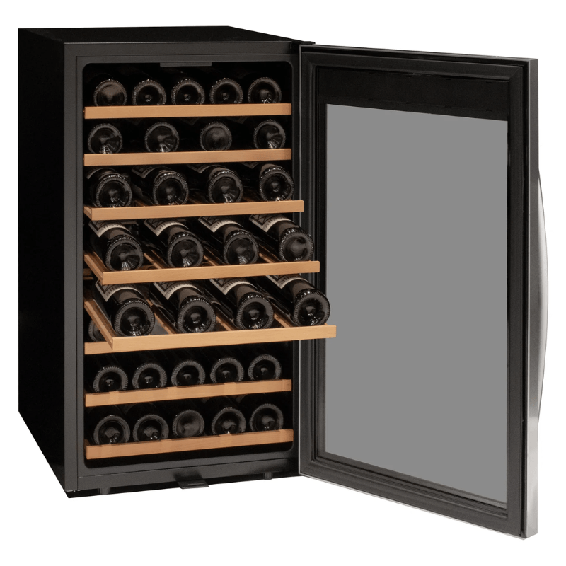 Allavino Cascina Series 50 Bottle Single Zone Freestanding Wine Cooler Refrigerator with Stainless Steel Door - Open view of wine refrigerator