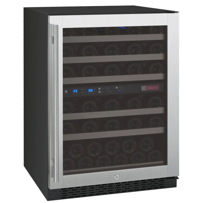 Allavino FlexCount Series 56 Bottle Dual Zone Built-In Wine Refrigerator with Stainless Steel Door - Right Hinge - Front view of wine refrigerator