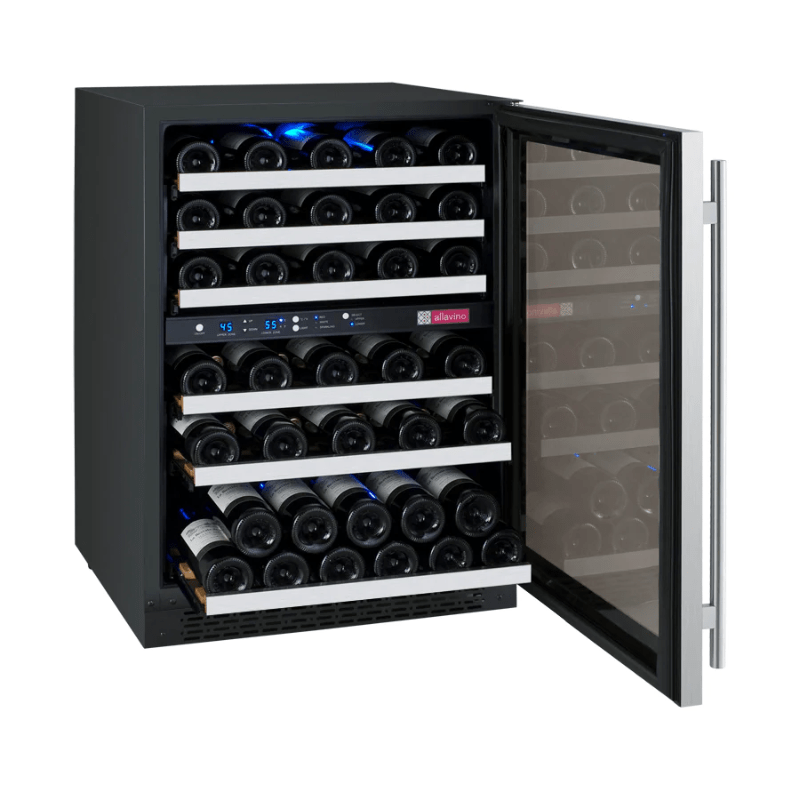 Allavino FlexCount Series 56 Bottle Dual Zone Built-In Wine Refrigerator with Stainless Steel Door - Right Hinge - Open view of wine refrigerator