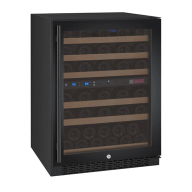 Allavino FlexCount Series 56 Bottle Dual Zone Built-in Wine Cooler Refrigerator with Black Door - Right Hinge - Front view of wine refrigerator