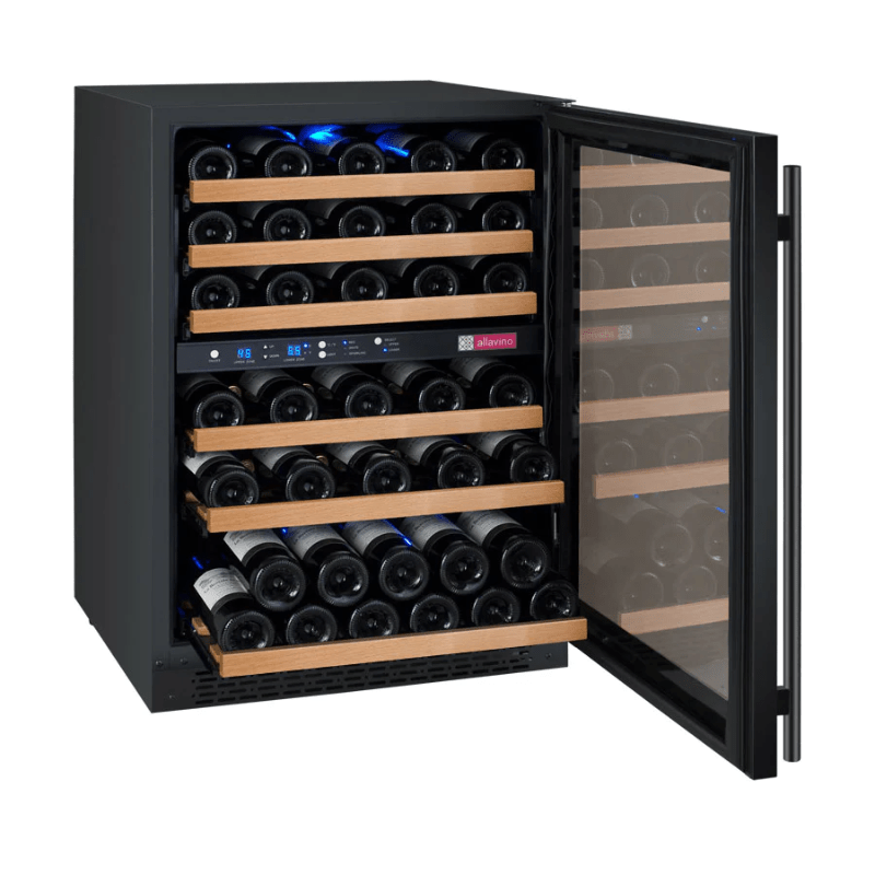 Allavino FlexCount Series 56 Bottle Dual Zone Built-in Wine Cooler Refrigerator with Black Door - Right Hinge - Open view of wine refrigerator