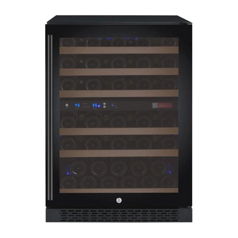 Allavino FlexCount Series 56 Bottle Dual Zone Built-in Wine Cooler Refrigerator with Black Door - Right Hinge - Closed view of wine refrigerator