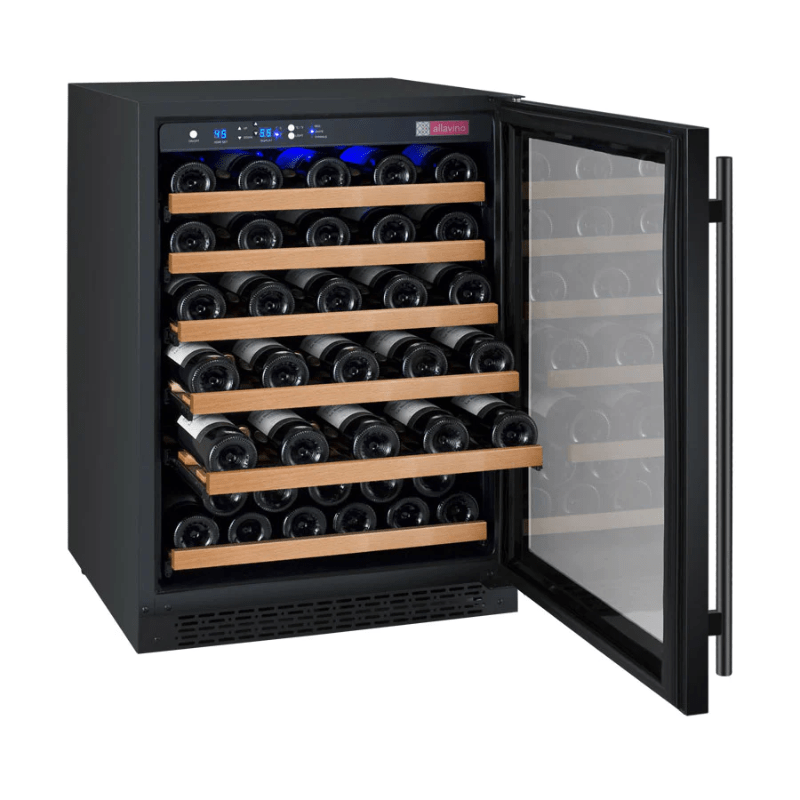 Allavino FlexCount Series 56 Bottle Single Zone Built-In Wine Refrigerator with Black Door - Right Hinge - Open door view of wine refrigerator