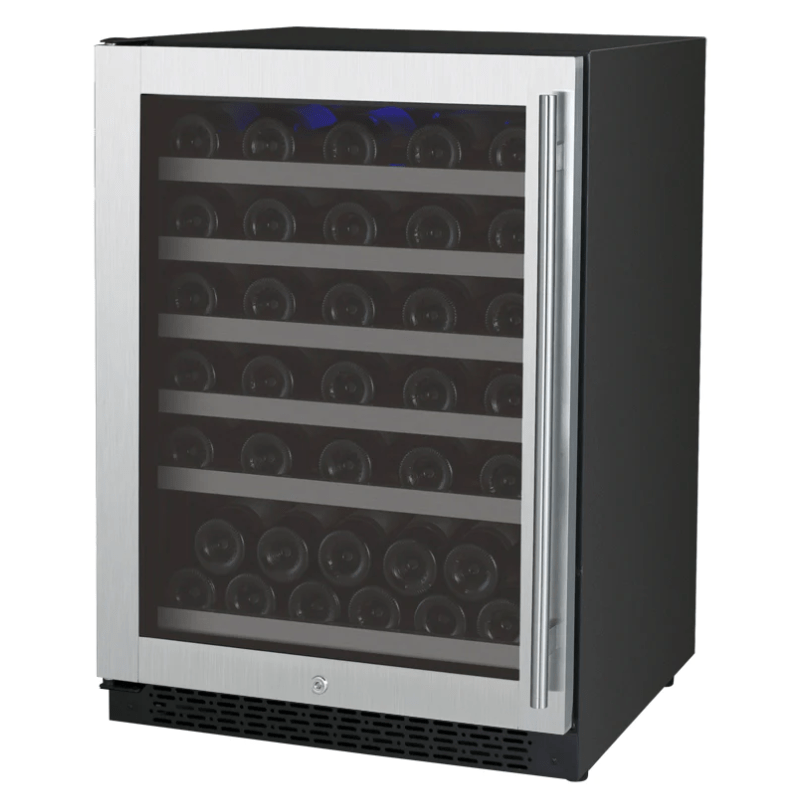 Allavino FlexCount Series 56 Bottle Single Zone Built-in Wine Cooler Refrigerator with Stainless Steel Door - Left Hinge - Front view of wine refrigerator