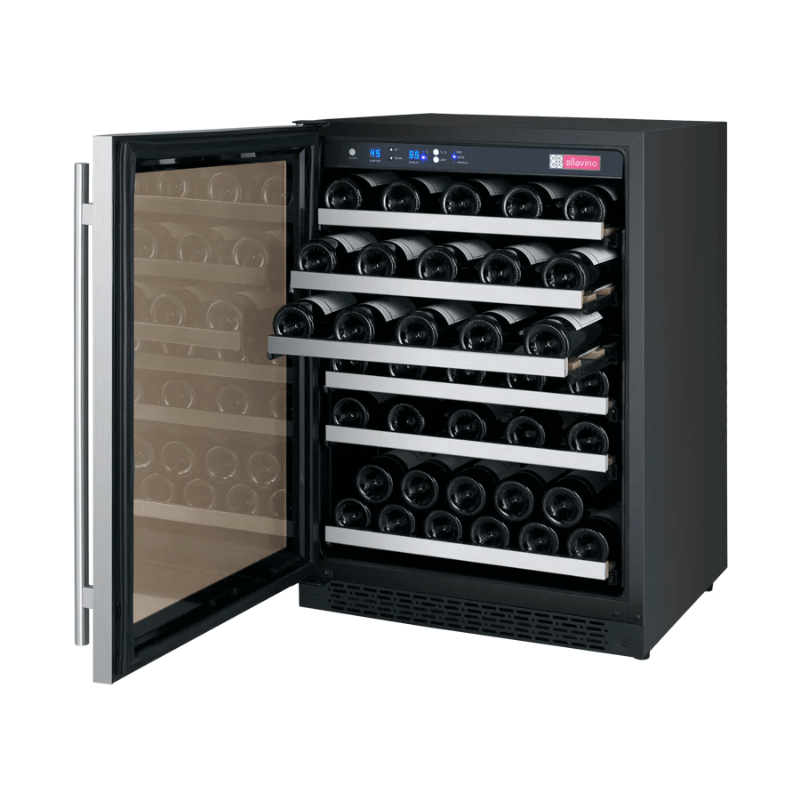 Allavino FlexCount Series 56 Bottle Single Zone Built-in Wine Cooler Refrigerator with Stainless Steel Door - Left Hinge - Open view of wine refrigerator