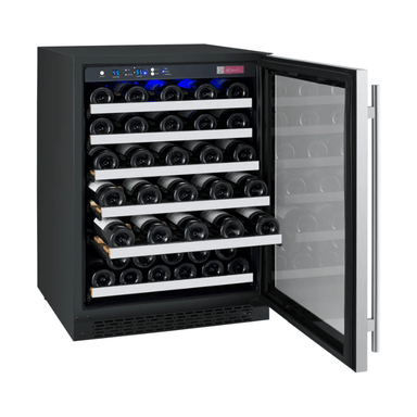 Allavino FlexCount Series 56 Bottle Single Zone Undercounter Wine Refrigerator with Stainless Steel Door - Right Hinge - Open view of wine refrigerator