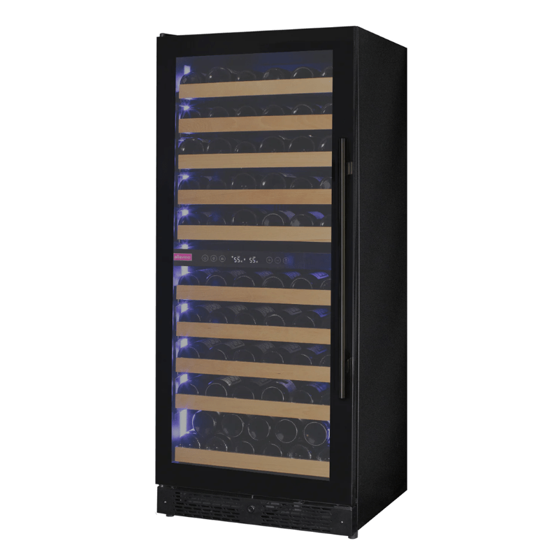 Allavino Reserva Series 119 Bottle 55 Tall Dual Zone Left Hinge Black Glass Wine Refrigerator - Front view of wine refrigerator