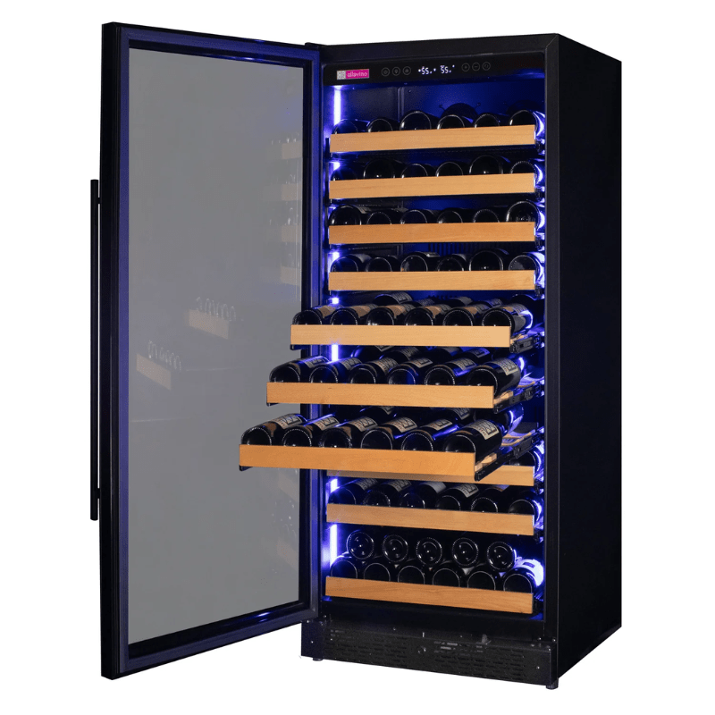 Allavino Reserva Series 119 Bottle 55 Tall Dual Zone Left Hinge Black Glass Wine Refrigerator - Open view of wine refrigerator