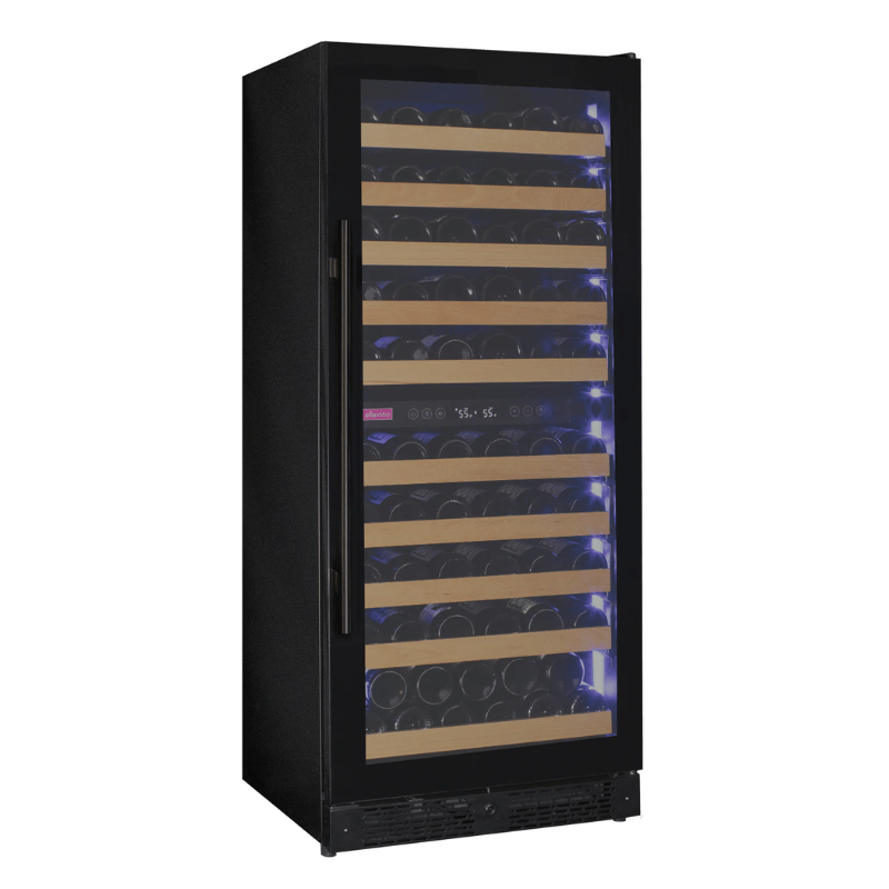 Allavino Reserva Series 119 Bottle 55 Tall Dual Zone Right Hinge Black Glass Wine Refrigerator - Front view of wine refrigerator