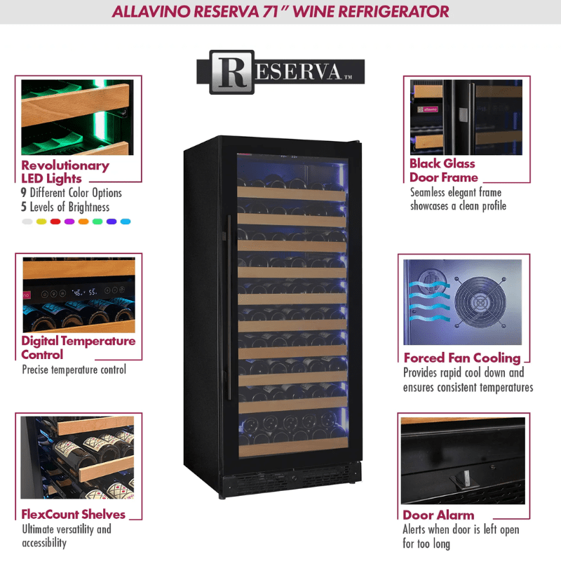 Allavino Reserva Series 119 Bottle 55 Tall Single Zone Right Hinge Black Glass Wine Refrigerator - Description of wine refrigerator