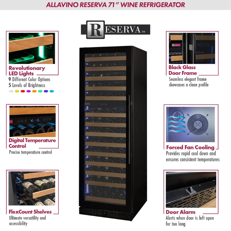 Allavino Reserva Series 154 Bottle 71 Tall Dual Zone Left Hinge Black Glass Door Wine Refrigerator - Description of wine refrigerator