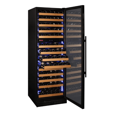 Allavino Reserva Series 154 Bottle 71 Tall Dual Zone Right Hinge Black Glass Door Wine Refrigerator - Open view of wine refrigerator