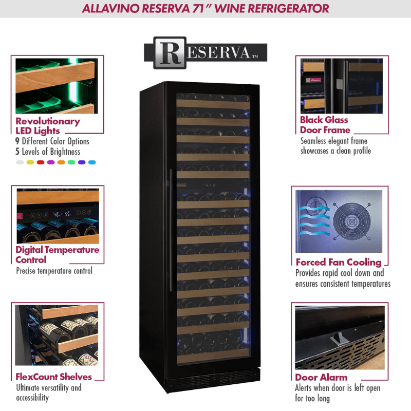 Allavino Reserva Series 154 Bottle 71 Tall Dual Zone Right Hinge Black Glass Door Wine Refrigerator - Description of wine refrigerator