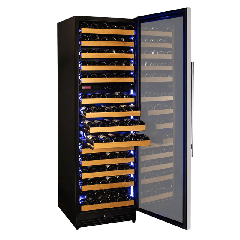 Allavino Reserva Series 154 Bottle 71 Tall Dual Zone Right Hinge Stainless Steel Wine Refrigerator - Open view of wine refrigerator