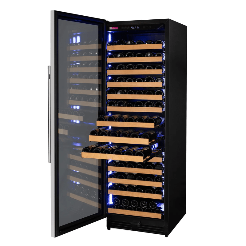 Allavino Reserva Series 163 Bottle 71 Tall Single Zone Left Hinge Stainless Steel Wine Refrigerator - Open view of wine refrigerator