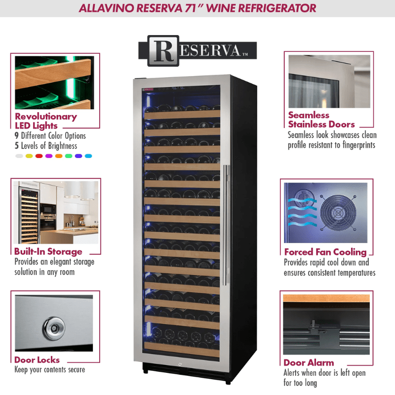 Allavino Reserva Series 163 Bottle 71 Tall Single Zone Left Hinge Stainless Steel Wine Refrigerator - Description of wine refrigerator