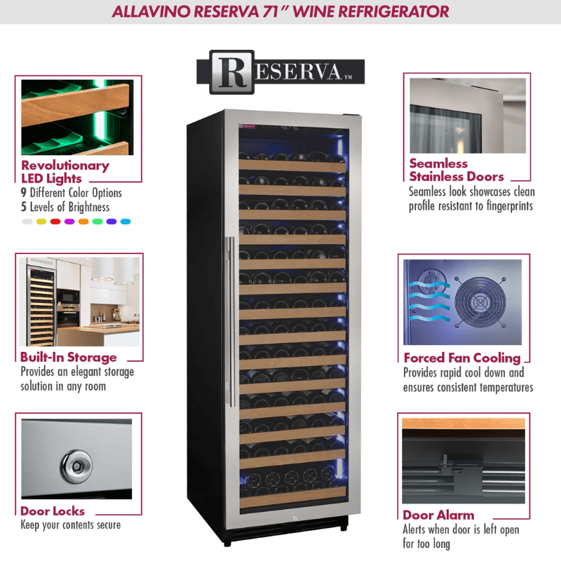 Allavino Reserva Series 163 Bottle 71 Tall Single Zone Right Hinge Stainless Steel Wine Refrigerator - Description of wine refrigerator