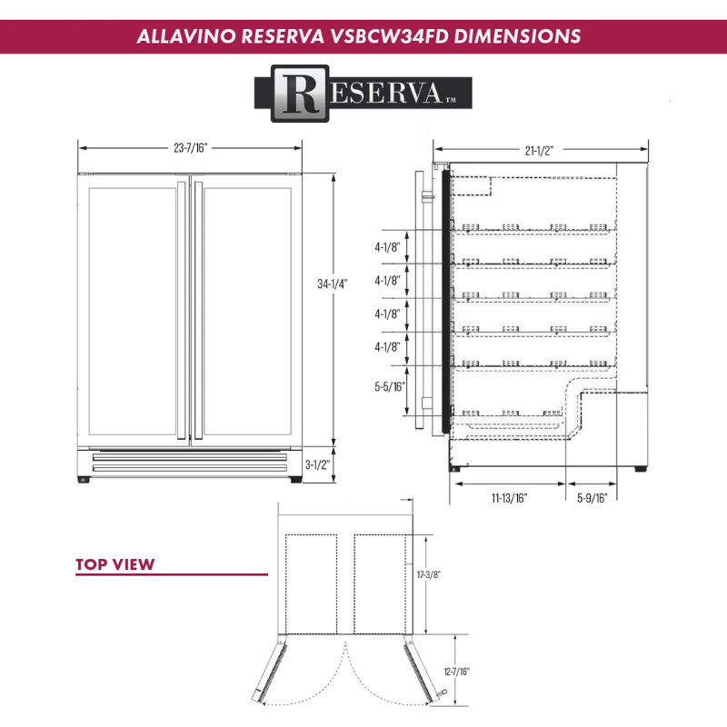 Allavino Reserva Series 24 Wide Two Door Stainless Steel Wine RefrigeratorBeverage Center - Dimensions of wine refrigerator