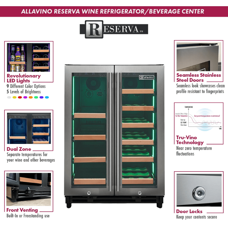 Allavino Reserva Series 24 Wide Two Door Stainless Steel Wine RefrigeratorBeverage Center with Wood Front Shelves - Description of wine refrigerator