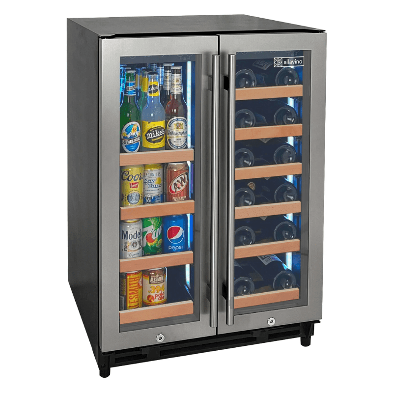 Allavino Reserva Series 24 Wide Two Door Stainless Steel Wine RefrigeratorBeverage Center with Wood Front Shelves - Front view of wine refrigerator