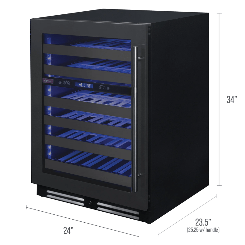 Allavino Reserva Series 50 Bottle 34 Tall Dual Zone Left Hinge Black Stainless Steel Wine Cooler Refrigerator - Dimensions of wine refrigerator