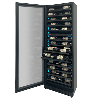 Allavino Reserva Series 67 Bottle 71 Tall Dual Zone Left Hinge Black Shallow Wine Refrigerator Console - Open view of wine refrigerator