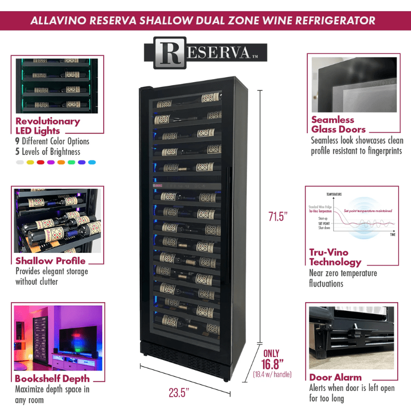 Allavino Reserva Series 67 Bottle 71 Tall Dual Zone Left Hinge Black Shallow Wine Refrigerator Console - Description of wine refrigerator